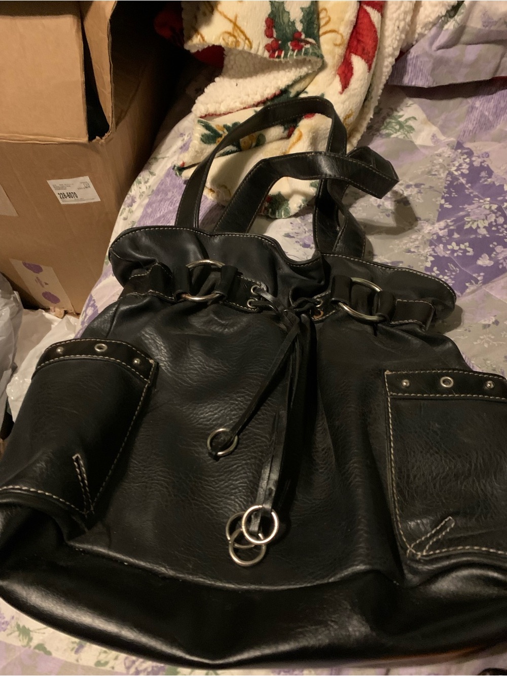 Minicci Y2K Slouchy Black Faux-Leather Shoulder Bag with Drawstring